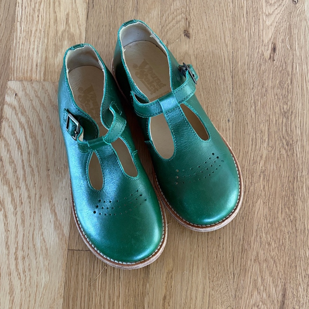 Girls Young SolesGreen Leather T-Strap Shoes